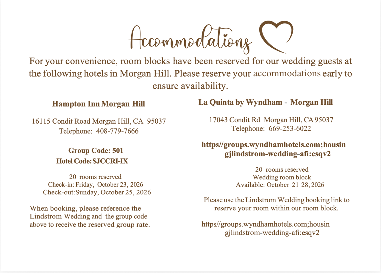 Accommodations card listing the Hampton Inn and La Quinta room blocks in Morgan Hill