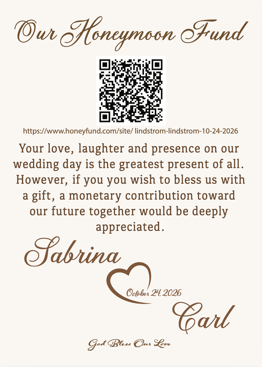 Honeymoon fund card with QR code to the couple's Honeyfund page